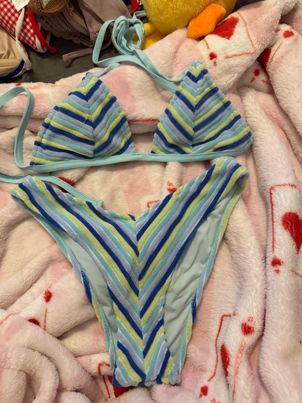 Hollister Striped Triangle Bikini in Light Blue, Blue, Yellow, Green
